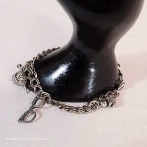 💎Knitting Charm Bracelet Aged Silver Tone Double Chain Links